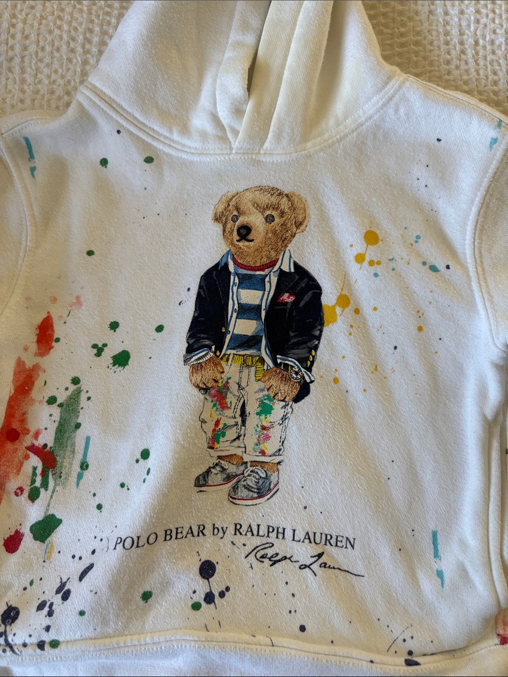 Ralph Lauren White Hoodie with Multicolor Polo Bear Graphic paint splatter 3t